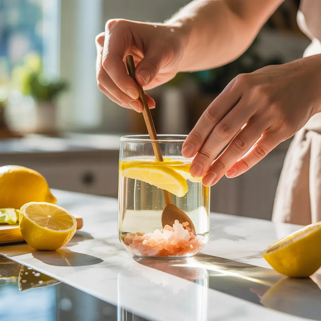 preparing pink salt and lemon diet drink step-by-step