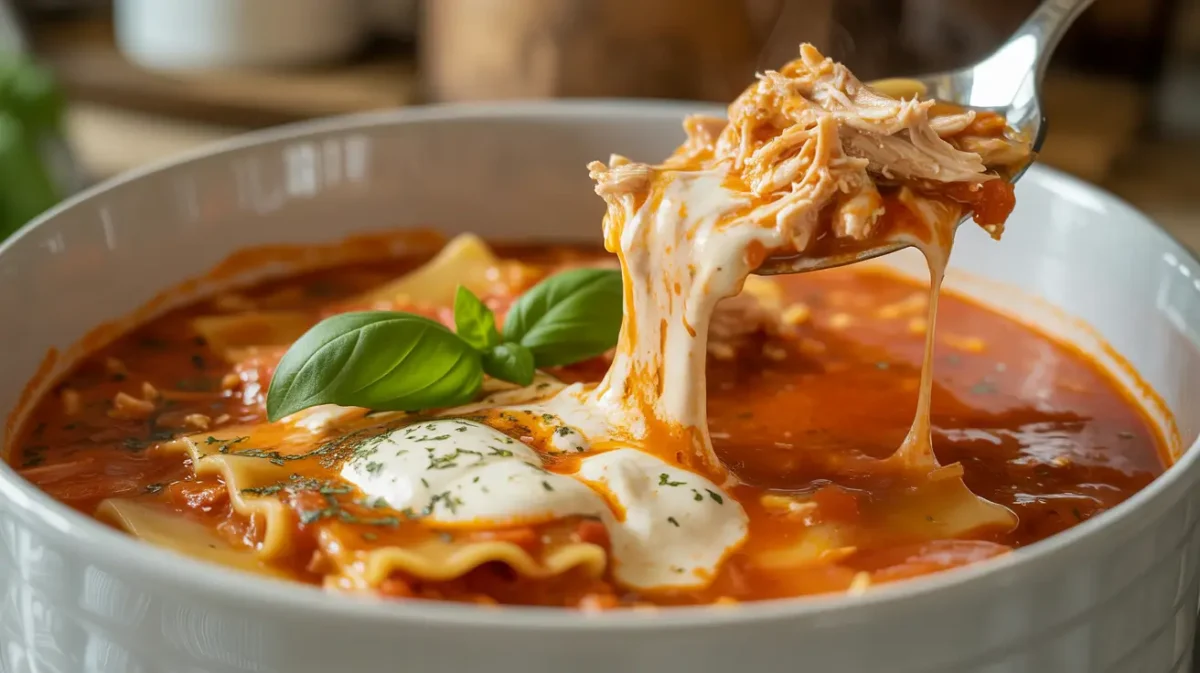 Slow Cooker Chicken Lasagna Soup creamy close-up with noodles and cheese pull