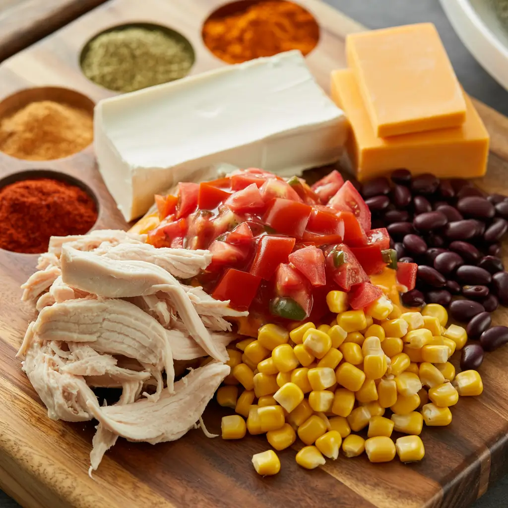 Ingredients for making creamy chicken tortilla soup on a wooden board