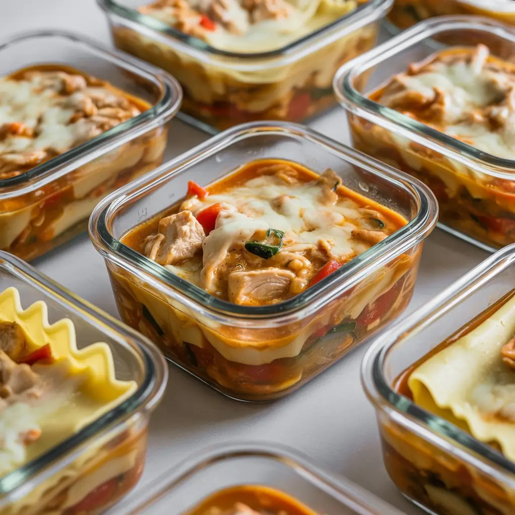 Meal prep containers of Slow Cooker Chicken Lasagna Soup