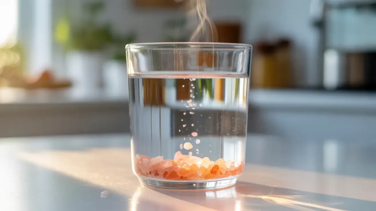 Warm pink salt recipe drink dissolving Himalayan salt crystals in a glass