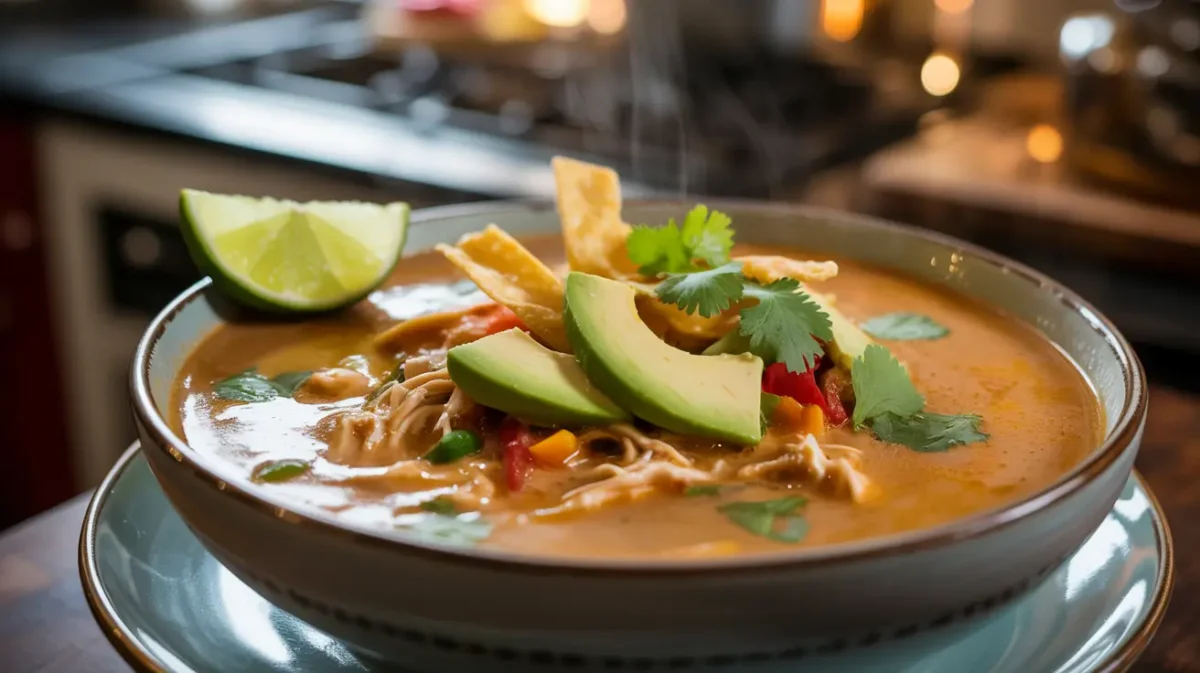 Creamy chicken tortilla soup topped with avocado and tortilla strips