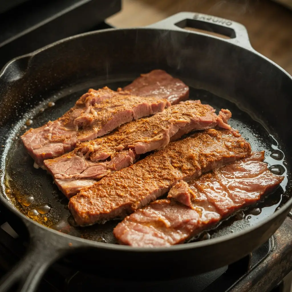 doner kebab meat cooking in a hot cast-iron pan