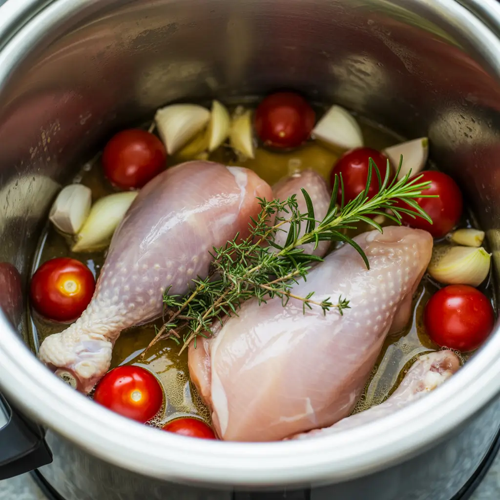 Ingredients for Slow Cooker Chicken Lasagna Soup in a pot