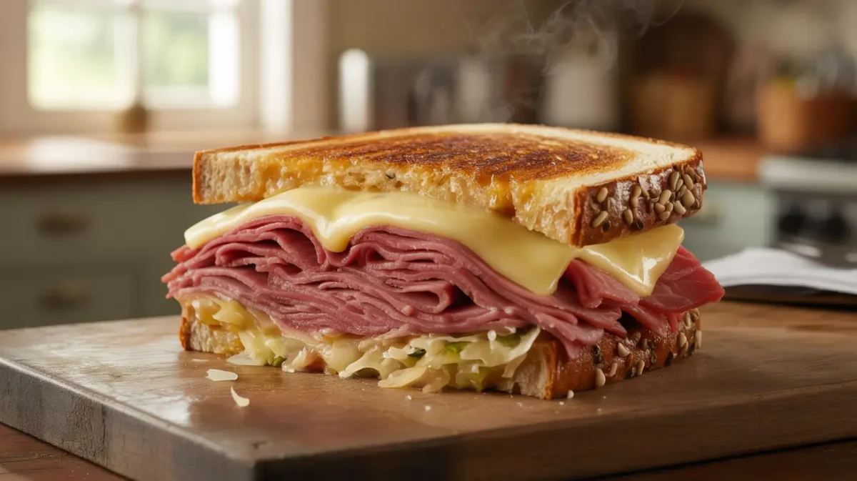 Reuben grilled cheese sandwich with melted Swiss cheese