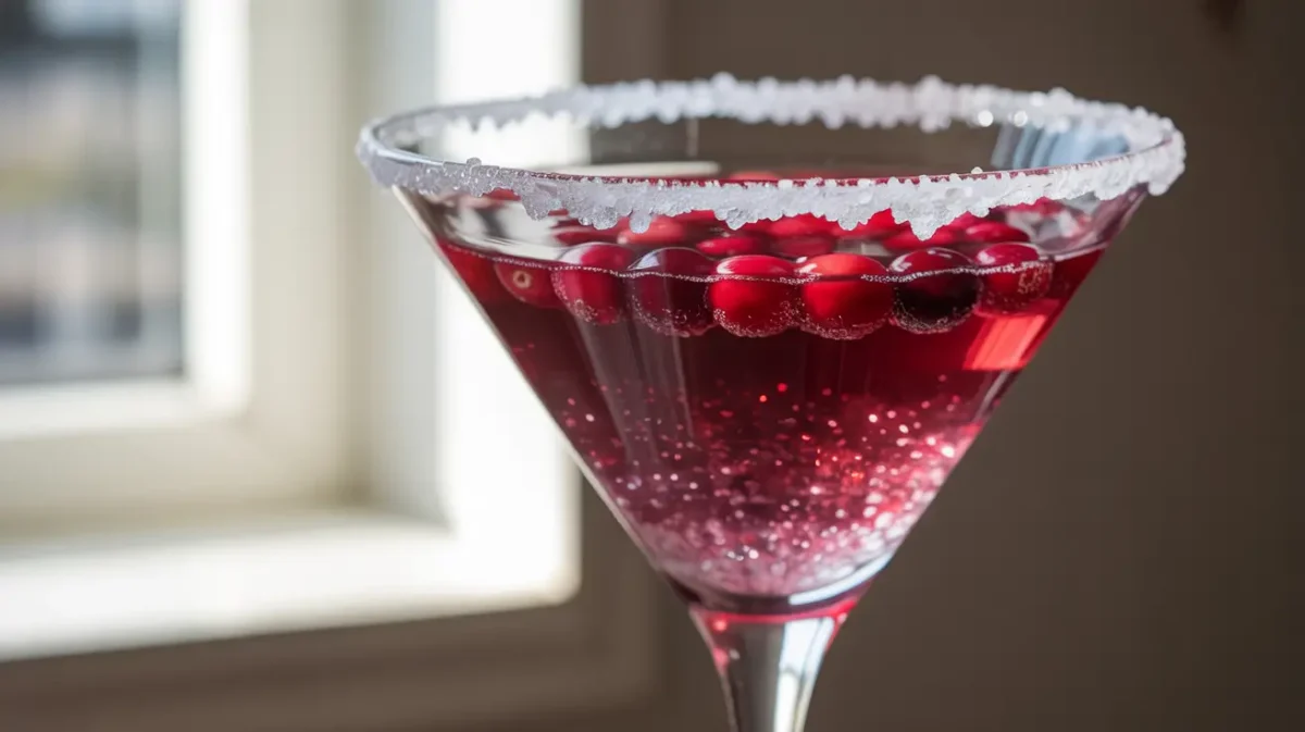 Photorealistic vertical cocktail photography of Cranberry Lemon Drop Cocktails in a chilled martini glass with a sugared rim, deep ruby cranberry color, fresh cranberries floating, natural window light, shallow depth of field, soft blurred background, elegant and festive, 2:3 ratio, no people, no text, no watermark.