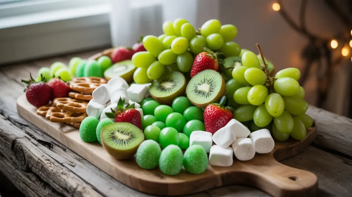 Grinch charcuterie board with green snacks and festive holiday colors