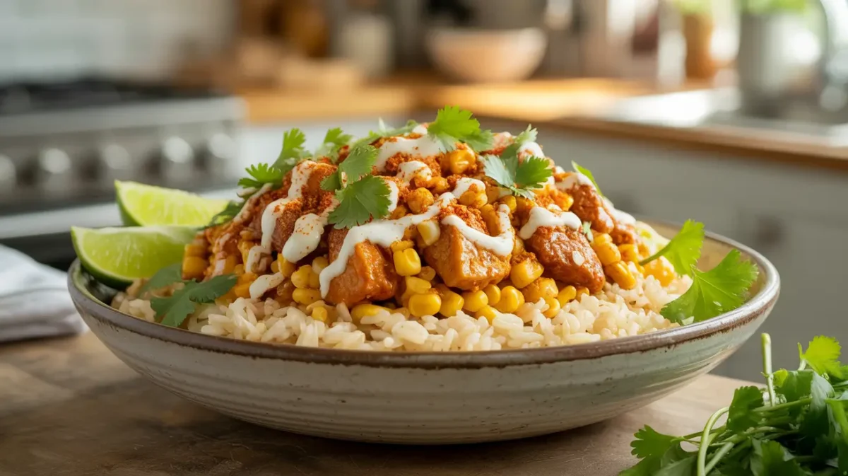 Easy Street Corn Chicken Rice Bowls with creamy corn