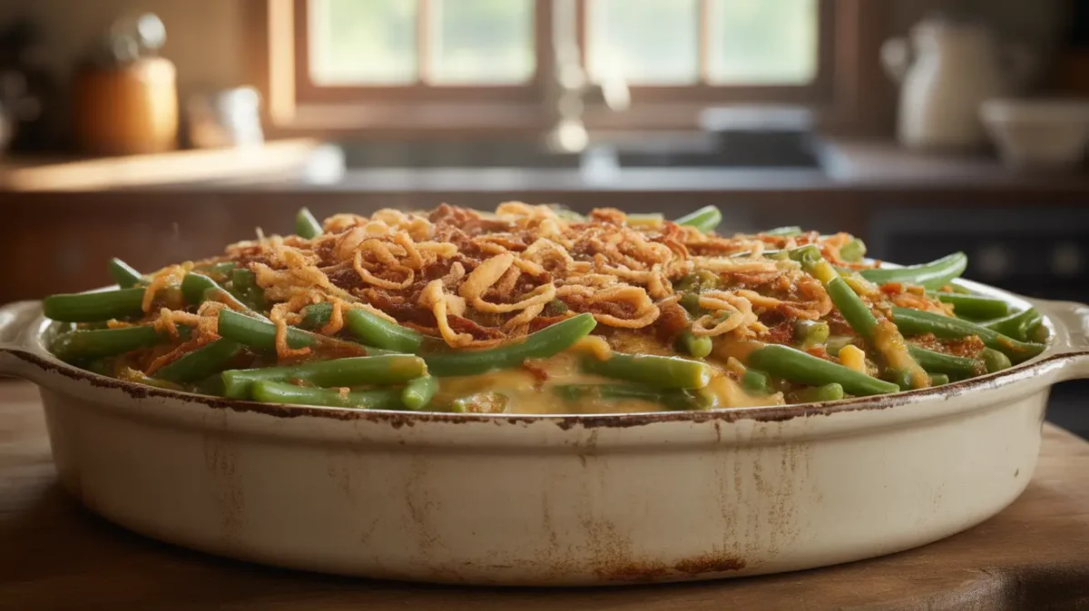 green beane casserol with creamy sauce and crispy topping