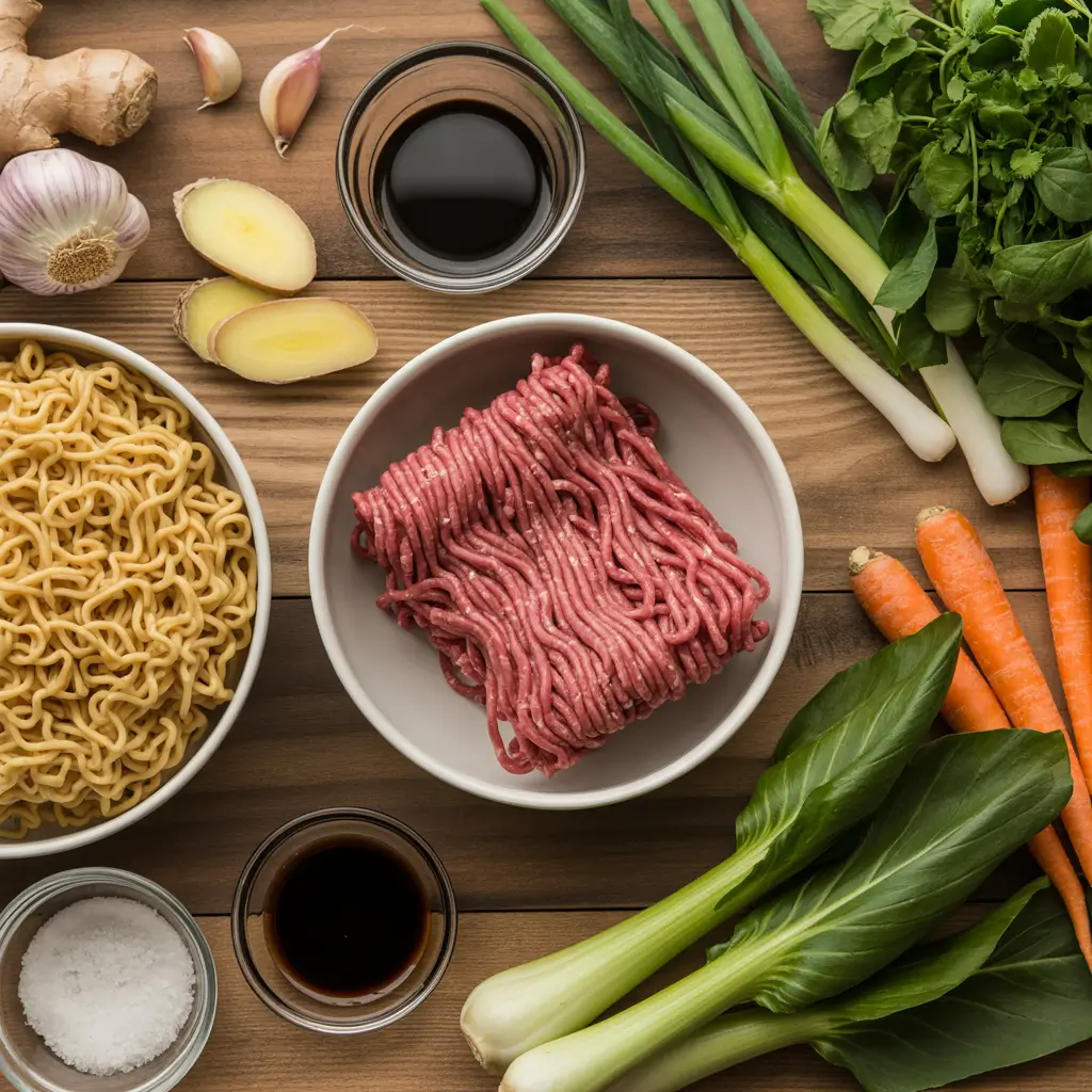 beef ramen noodle ingredients on a table