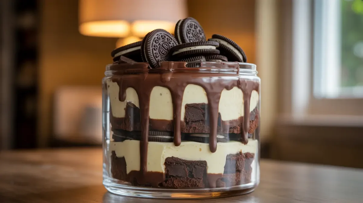 Chocolate Oreo Cheesecake Brownie Trifle layered dessert in glass jar
