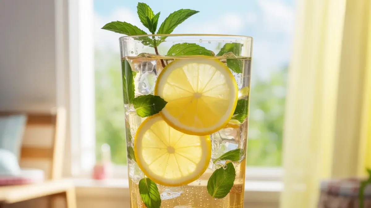 Lemon mint juice served cold with fresh mint and lemon slices