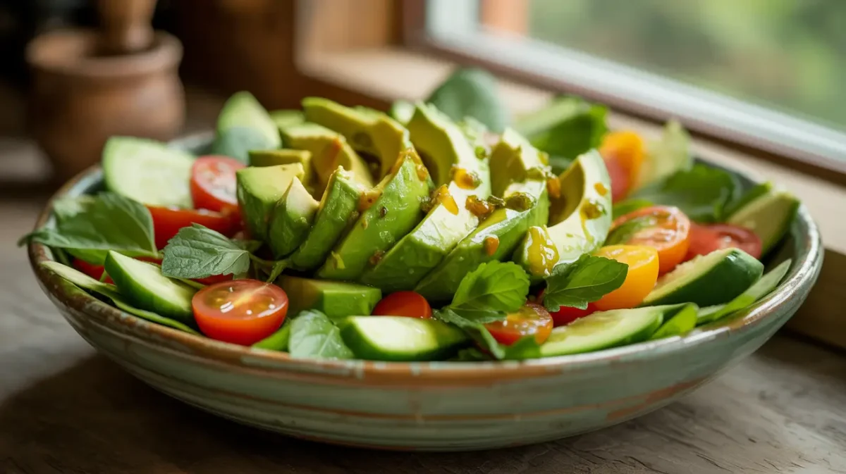 Fresh avocado salad with tomatoes and cucumber