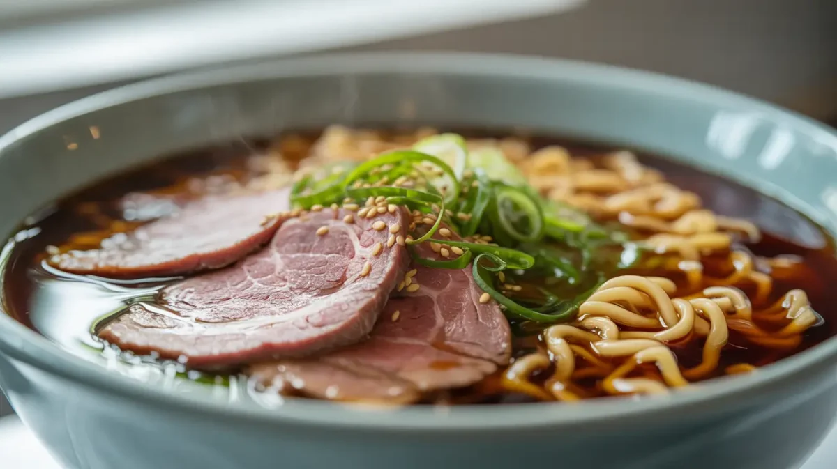 beef ramen noodle bowl with rich broth and tender beef