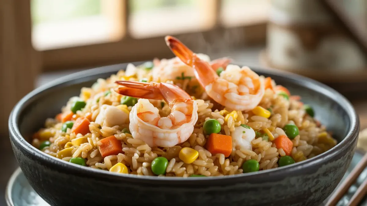 Seafood fried rice with shrimp crab and vegetables
