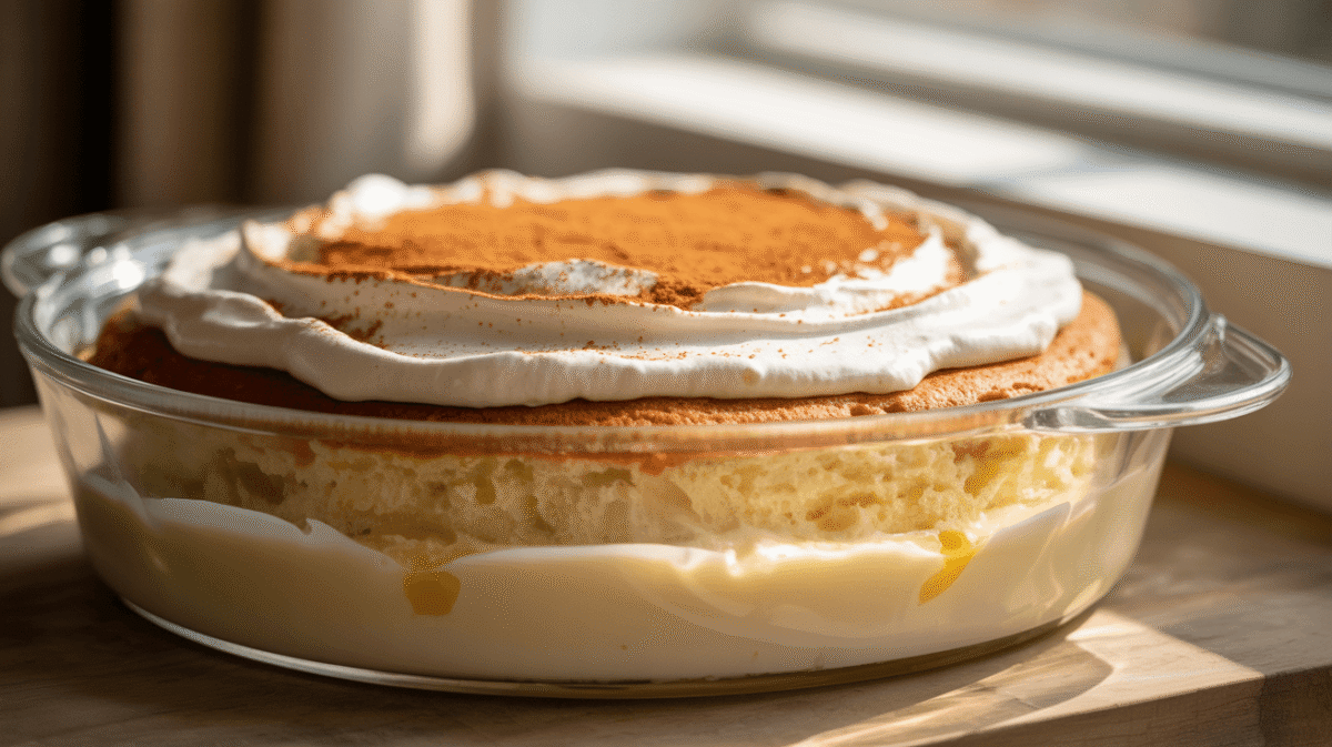 Tres Leches Cake with whipped cream topping and creamy milk soak