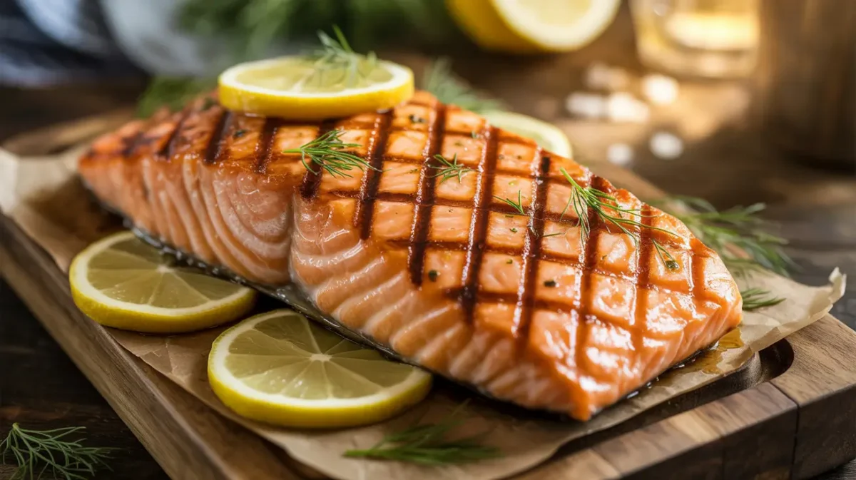 Lemon Garlic Grilled Salmon with grill marks and lemon