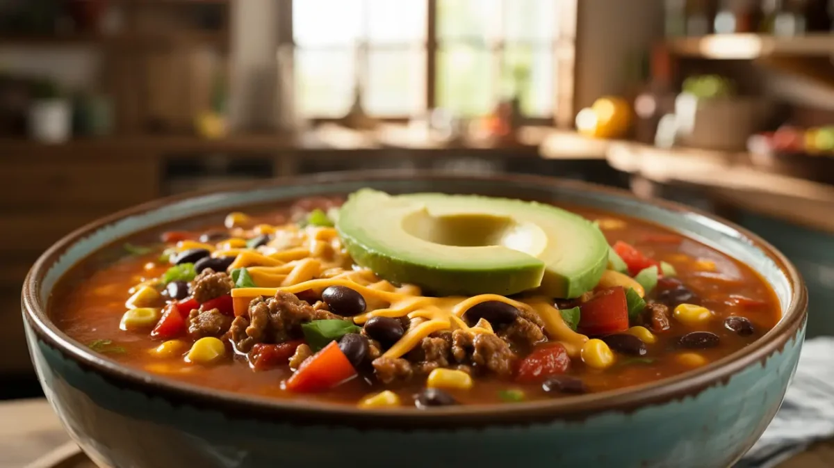The Best Taco Soup topped with cheese and avocado