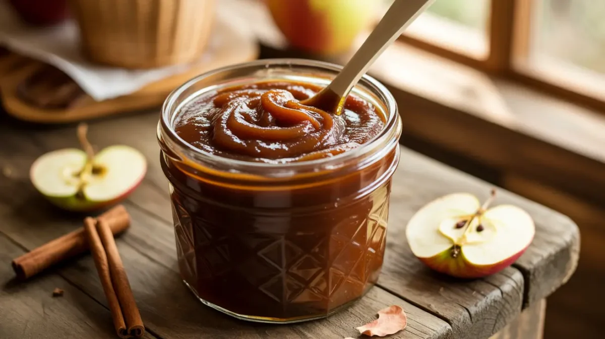 Slow cooker butter in a glass jar with rich apple texture