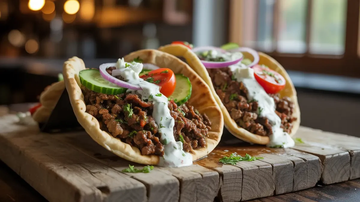 Greek-Style Beef Pita Tacos with yogurt sauce and fresh vegetables