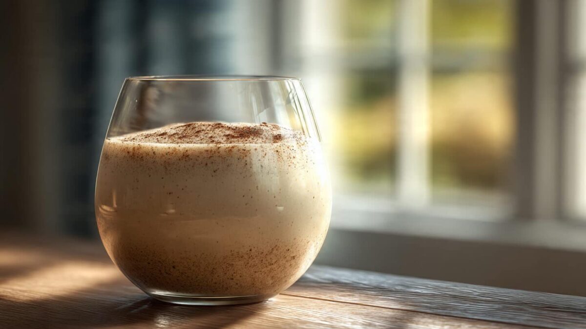 Egg nog recipes served in a glass with nutmeg