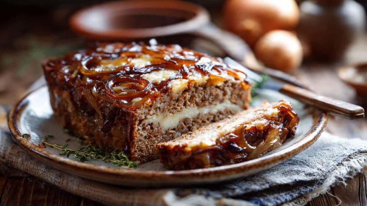 French onion meatloaf with caramelized onions and melted cheese