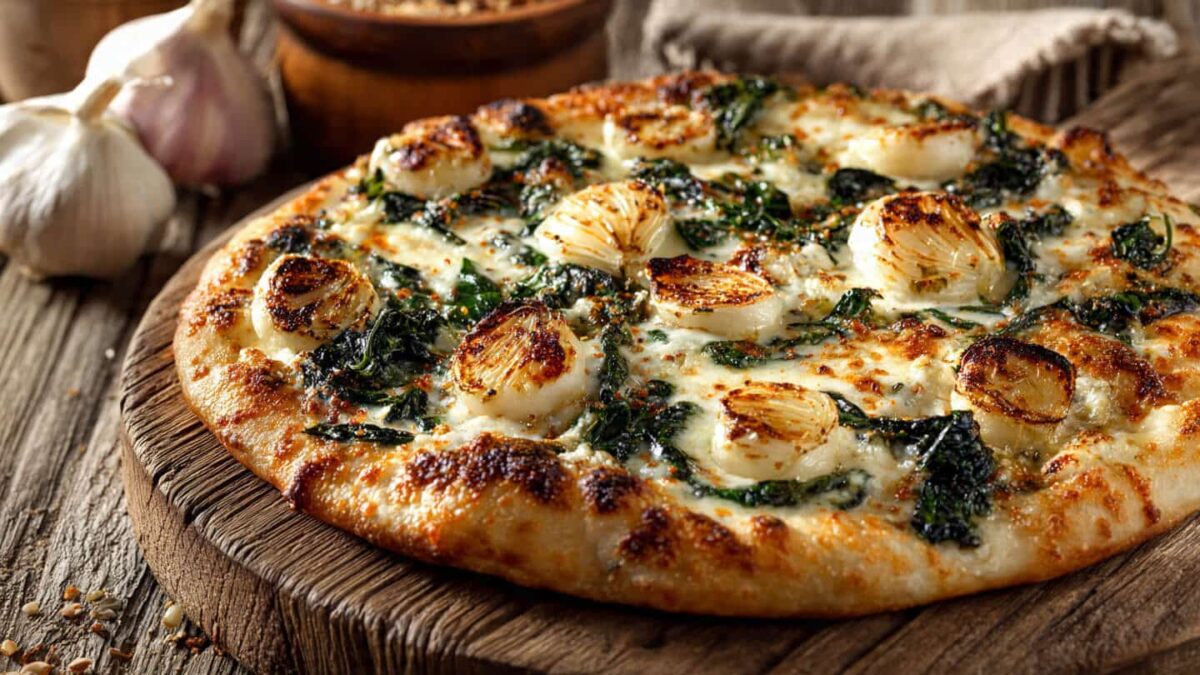 Greek roasted garlic spinach white pizza with bubbling cheese