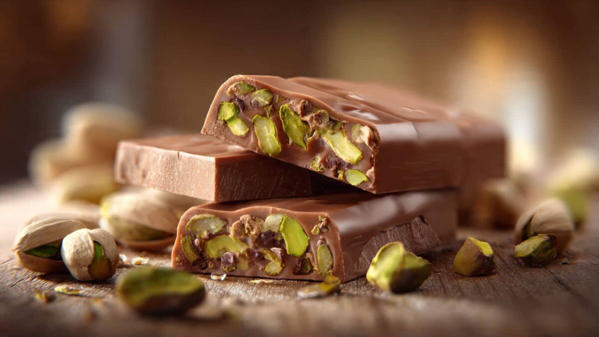 Milk chocolate with pistachio broken into pieces