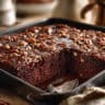 Chocolate pecan brownie cake with fudgy texture and glossy topping