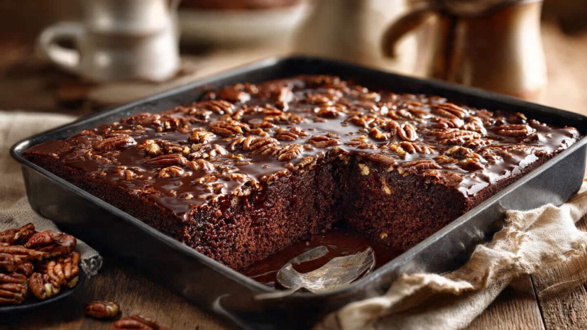 Chocolate pecan brownie cake with fudgy texture and glossy topping