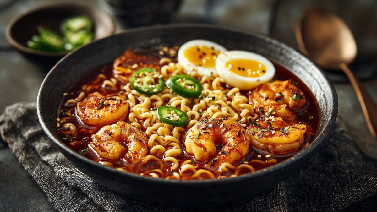 Spicy Shrimp Ramen Seafood Bowl with chili oil and shrimp