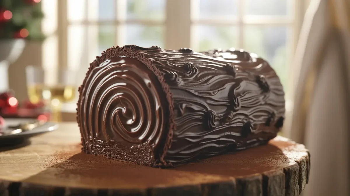 Black chocolate Génoise yule log with coffee ganache on rustic table