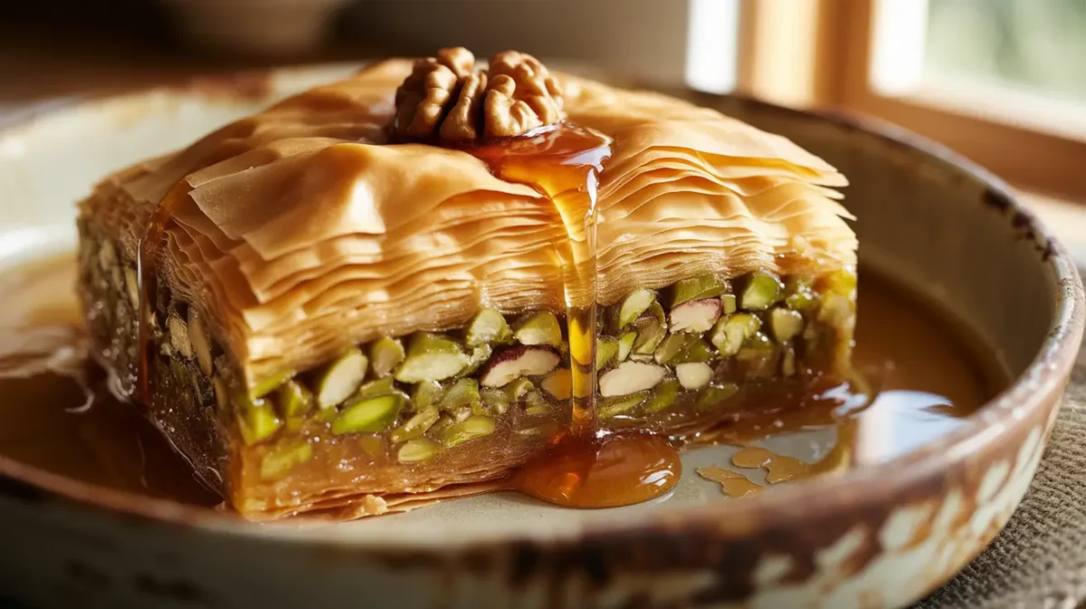 Greek baklava with flaky phyllo layers and honey syrup