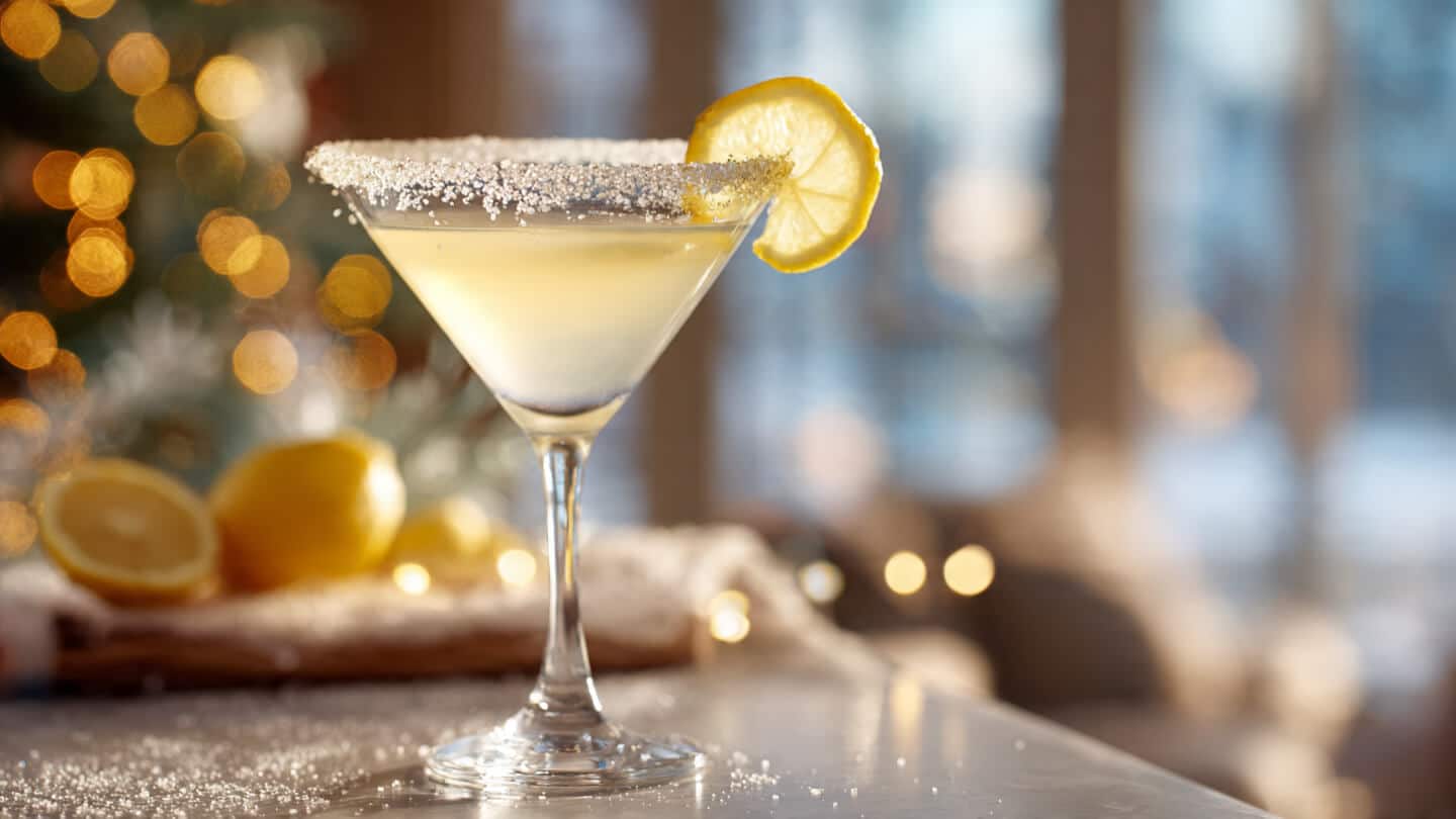 Christmas Lemon Drop cocktail with sugar rim and lemon twist