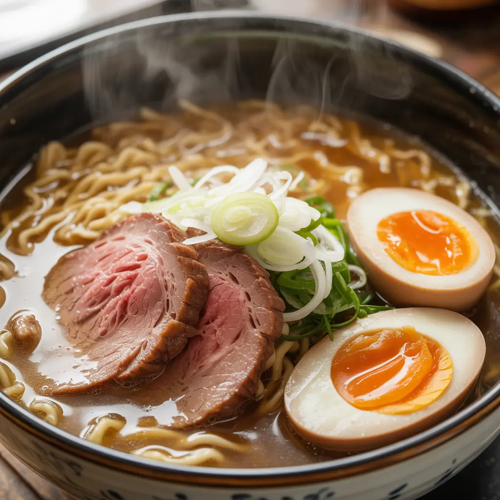 beef ramen noodle soup with broth