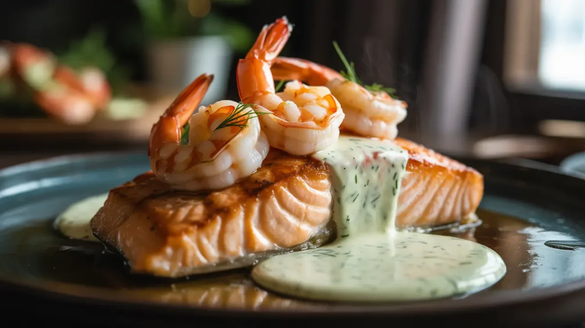 Creamy salmon and shrimp with lemon dill sauce
