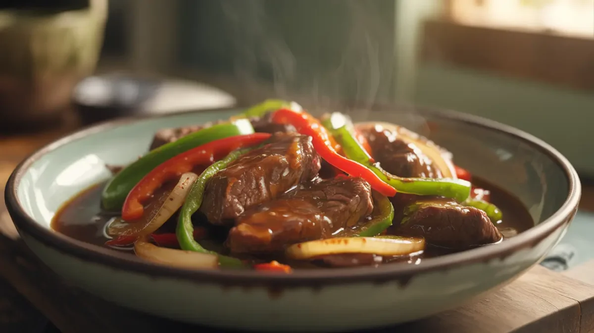 Pepper steak with bell peppers and onion in savory sauce