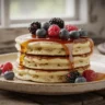 Cottage cheese pancakes stacked with berries and honey