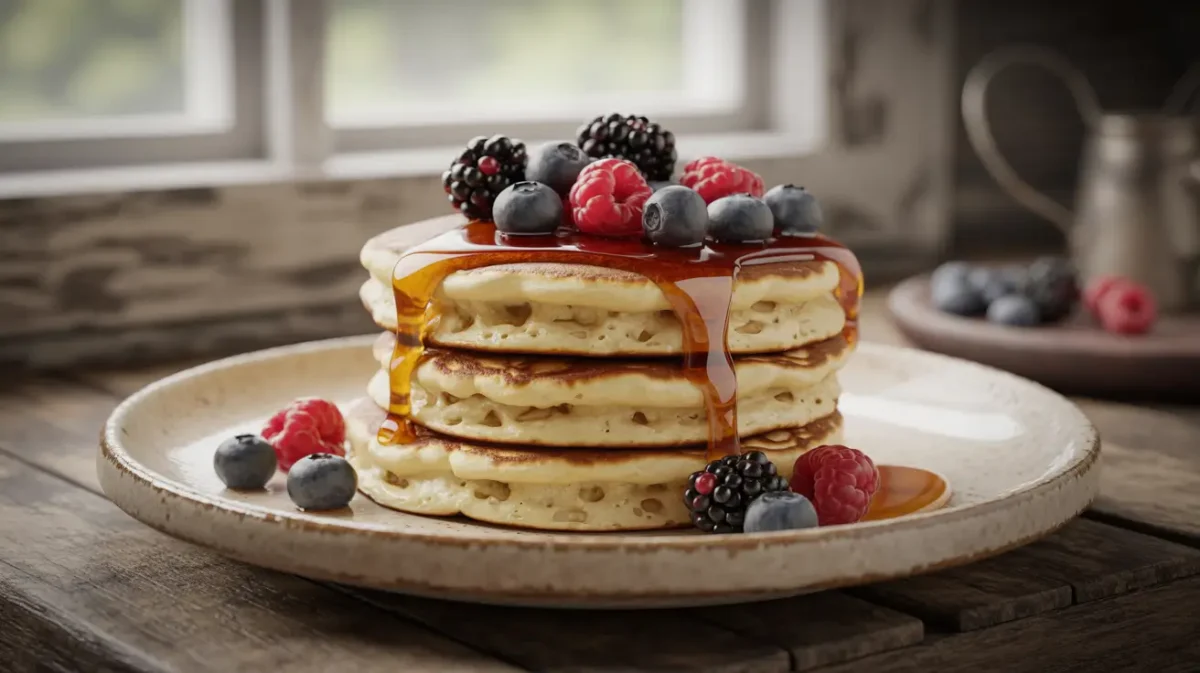 Cottage cheese pancakes stacked with berries and honey