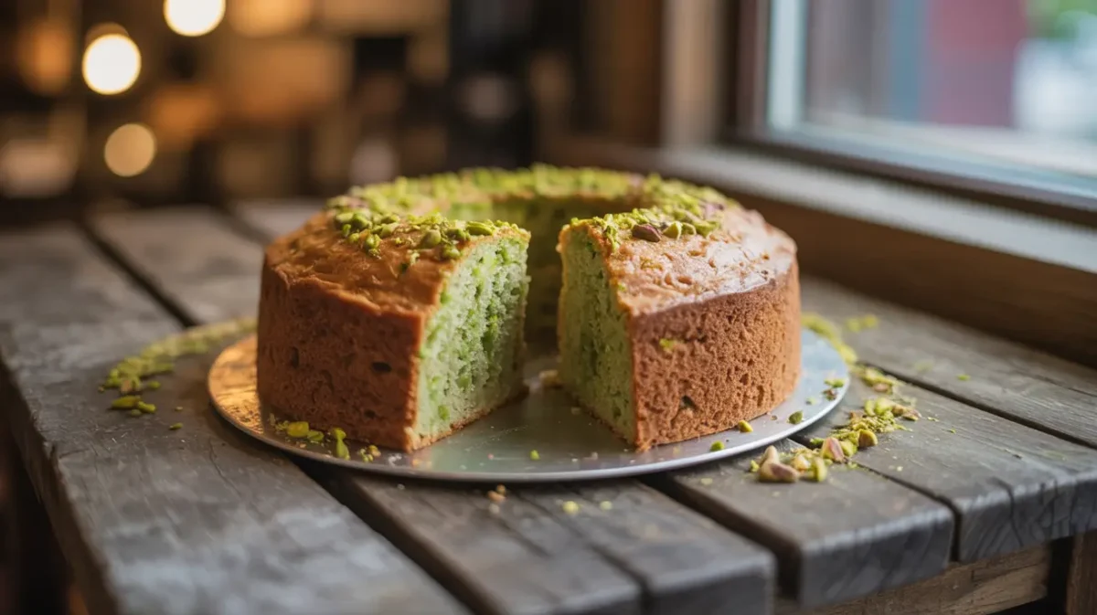 Pistachio olive oil cake sliced on wooden table