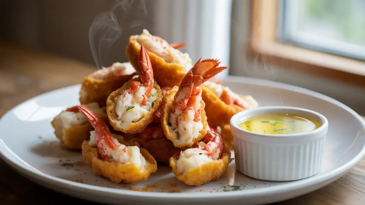 Crispy Lobster Bites with Garlic Butter Dip plated fresh