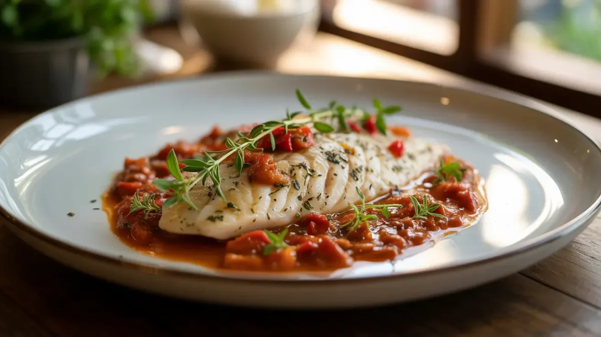 Quick tilapia in roasted pepper sauce served on a white plate