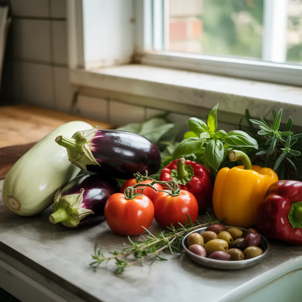Mediterranean ingredients for eggplant dinner