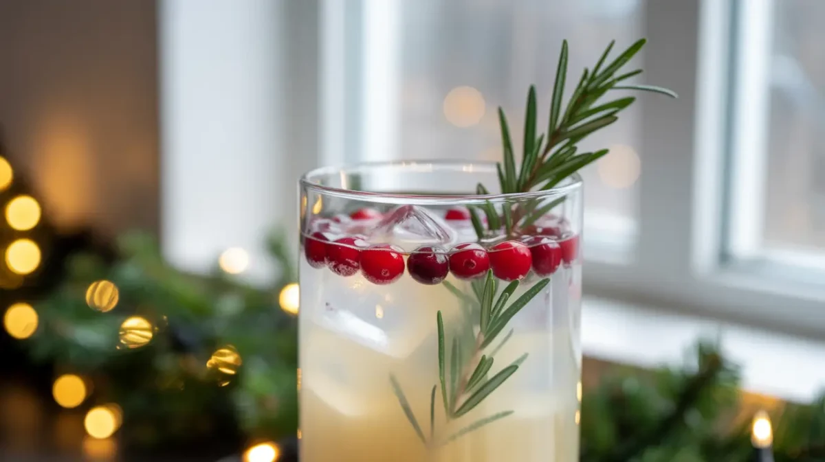 White Christmas Punch served in a glass with cranberries and rosemary