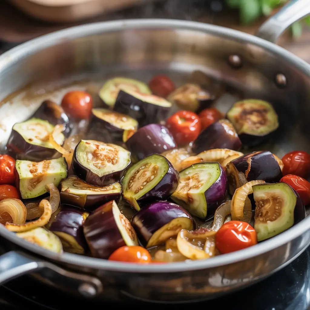 cooking an eggplant skillet dinner