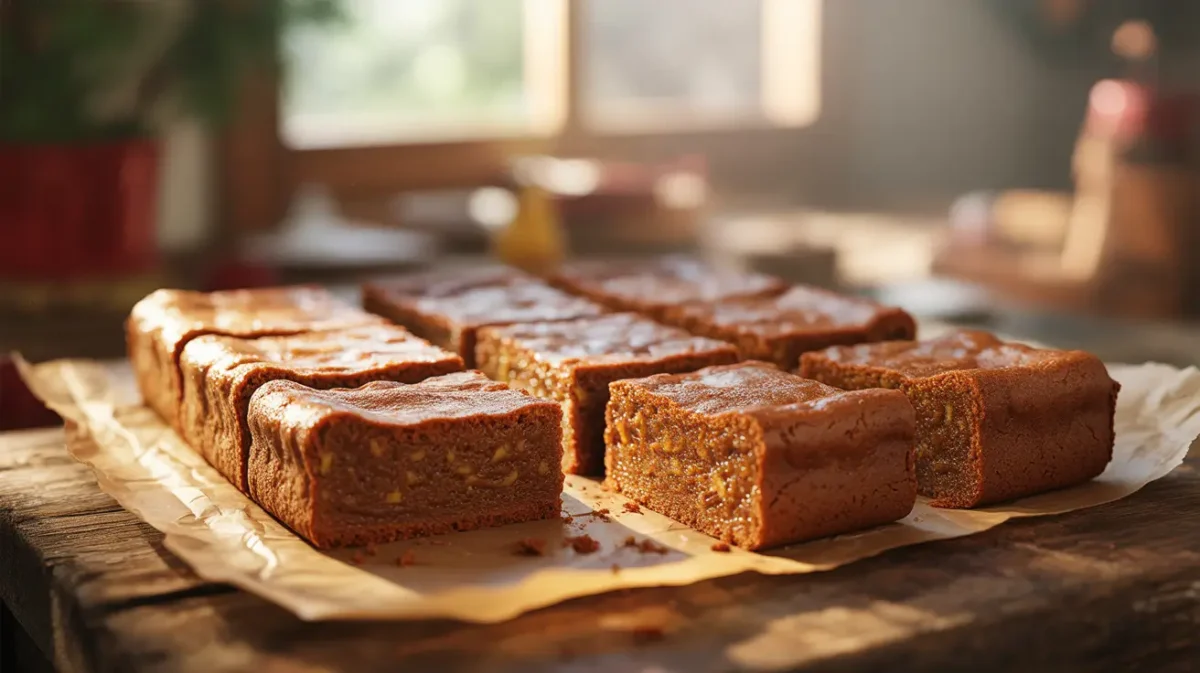 Gingerbread cookie bars sliced on parchment paper