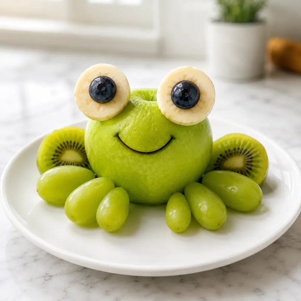 Easy fruit animals frog made with green apple, kiwi, banana and green grapes.