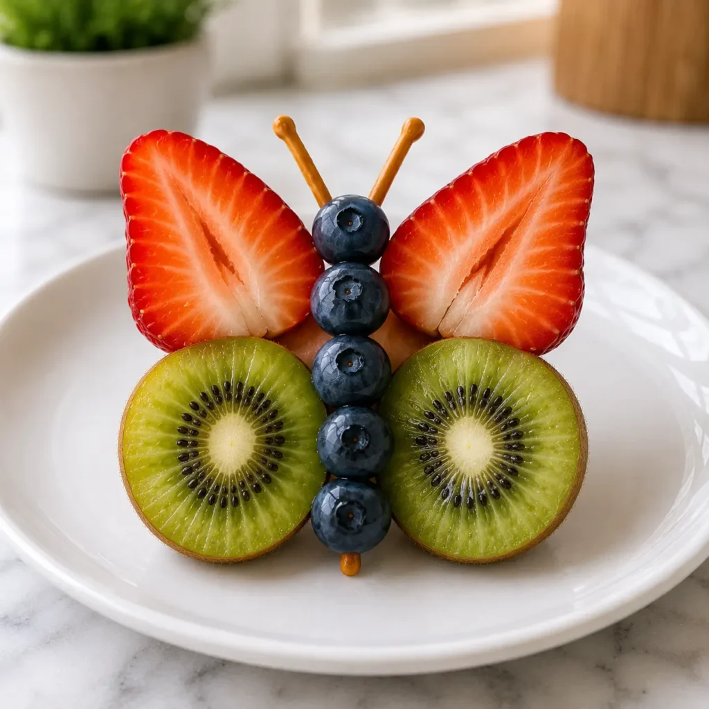 Easy fruit animals butterfly made with strawberries, kiwi and blueberries.