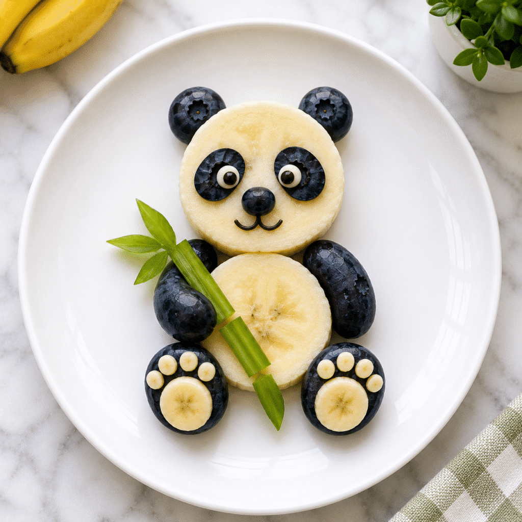 Easy fruit animals banana panda made with banana, blueberries and fresh fruit.