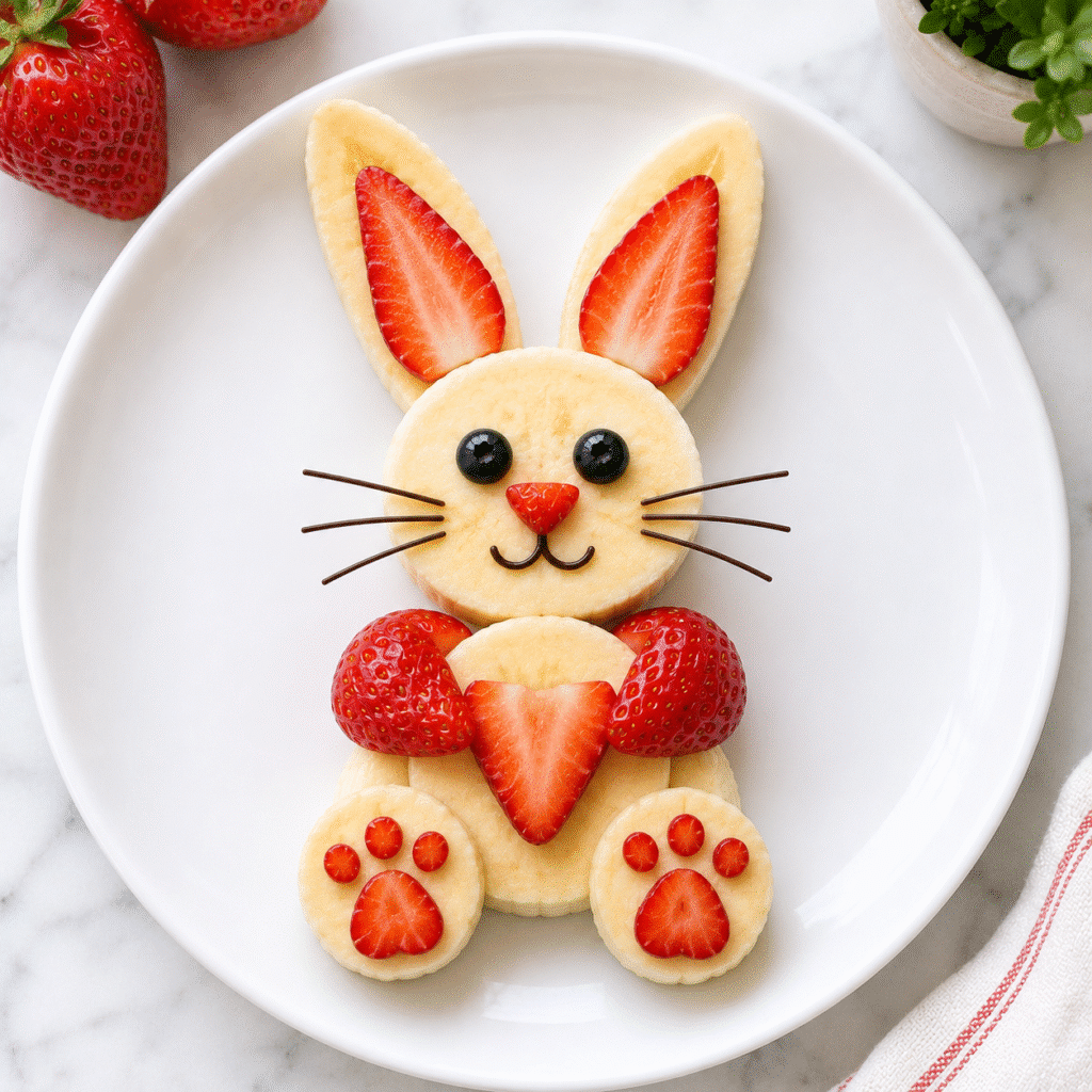 Easy fruit animals banana bunny made with banana, strawberries and blueberries.